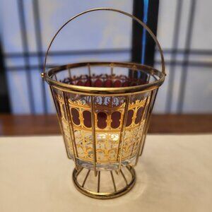Vintage MCM Culver Azure Cranberry Scroll 22K Gold Ice Bucket with Cradle - EUC